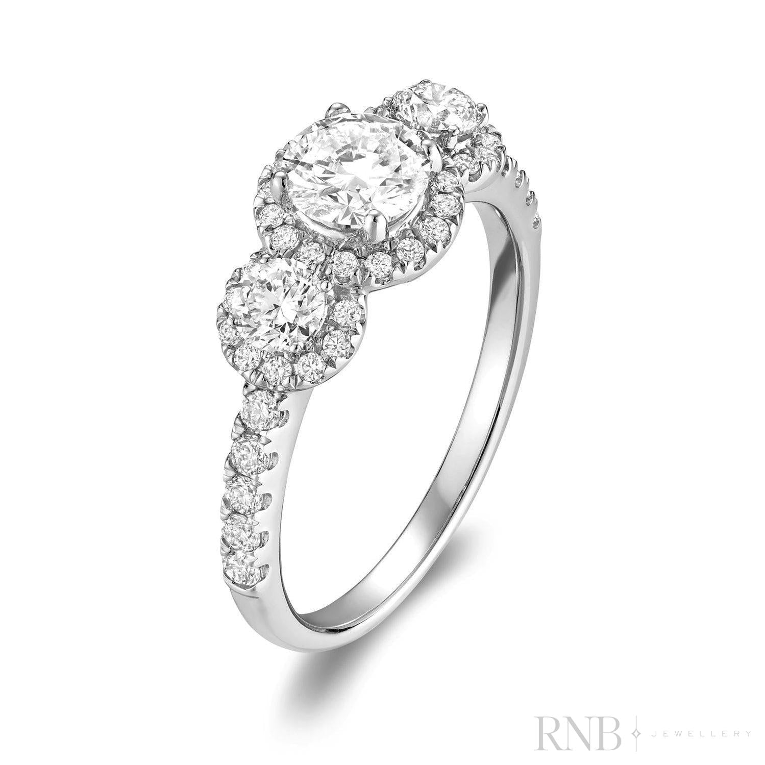 Three Stone Diamond Halo Engagement Ring