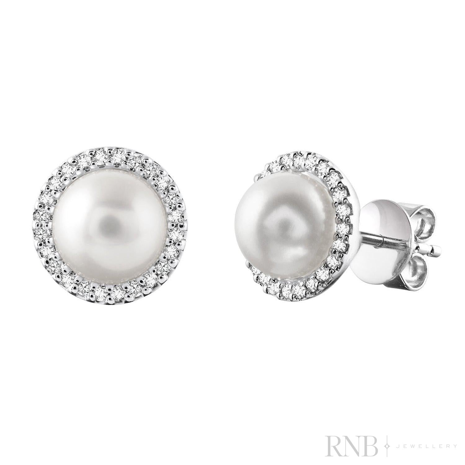 Cultured Pearl & Diamond Halo Stud Earrings-RNB Jewellery