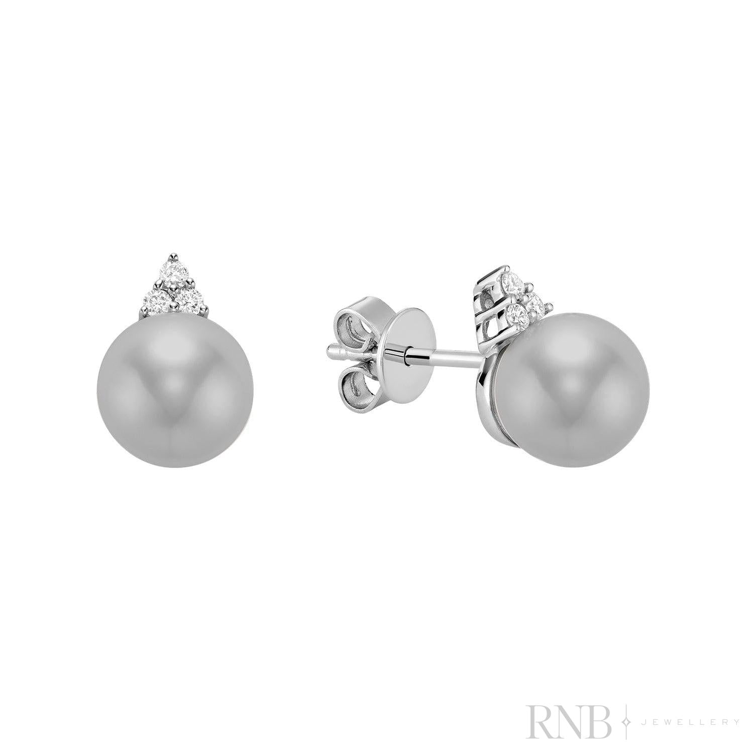 Cultured Pearl & Trinity Diamond Stud Earrings-RNB Jewellery