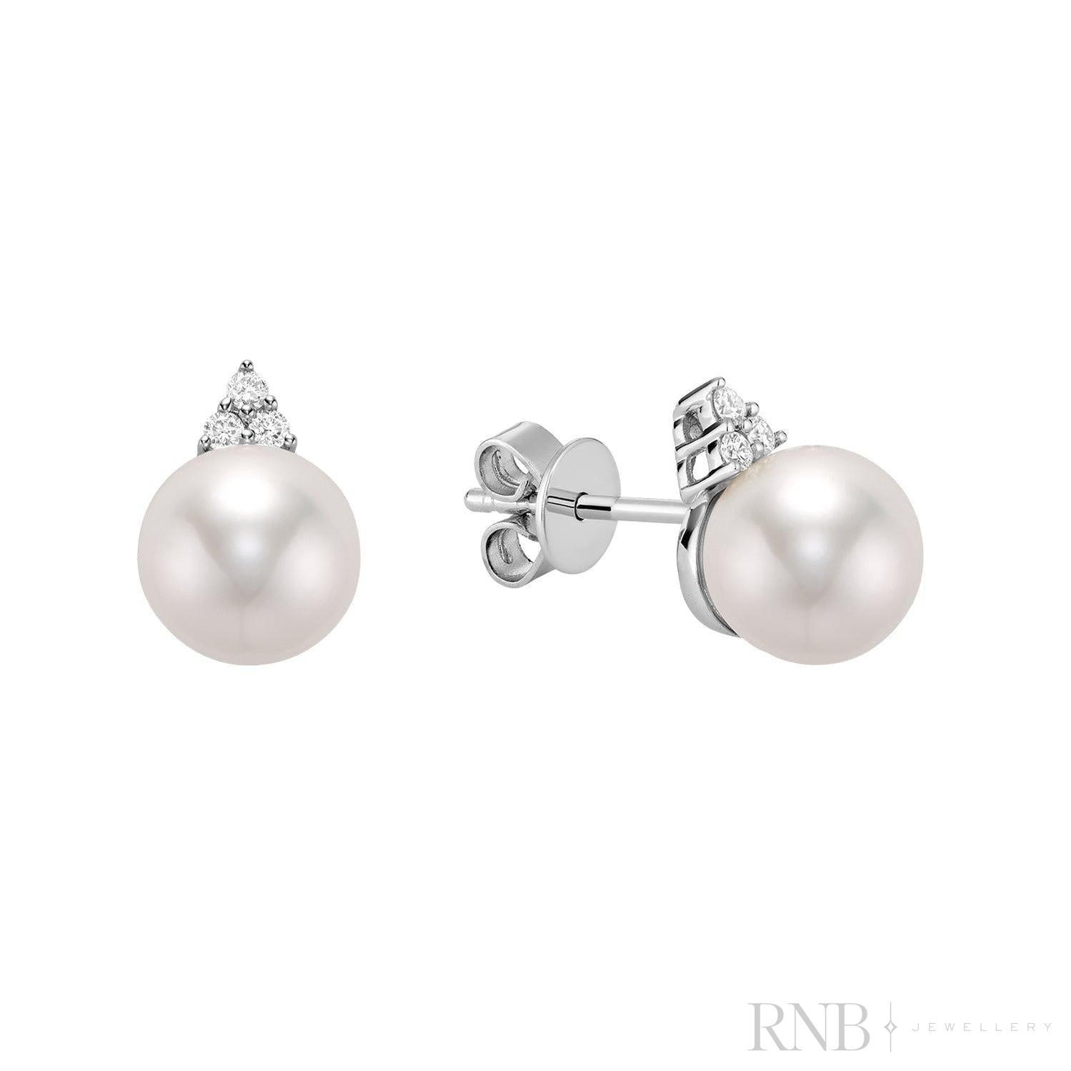 Cultured Pearl & Trinity Diamond Stud Earrings-RNB Jewellery