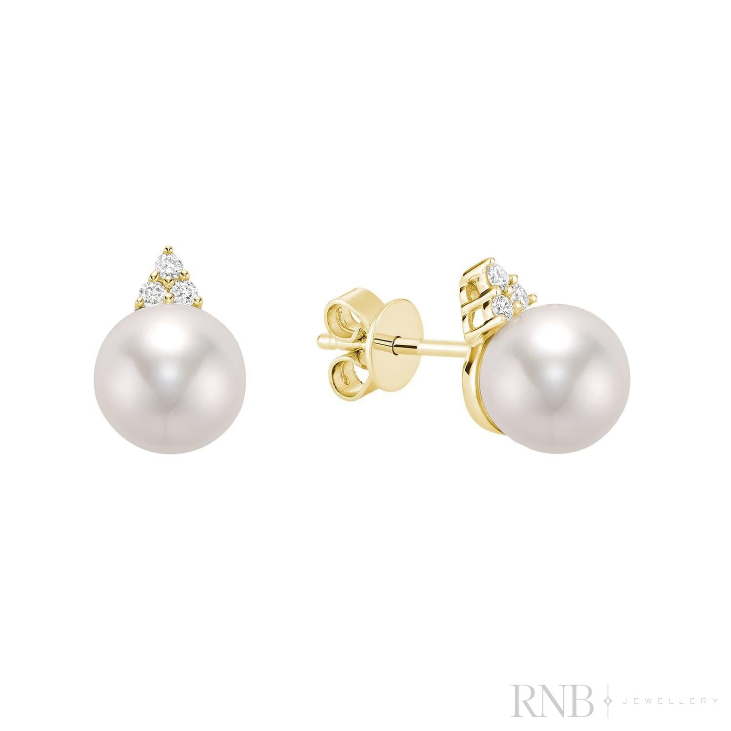 Cultured Pearl & Trinity Diamond Stud Earrings-RNB Jewellery