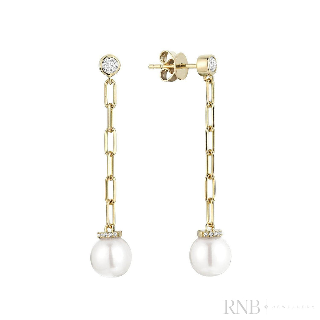 Pearl Paper Clip Diamond Dangle Earrings-RNB Jewellery