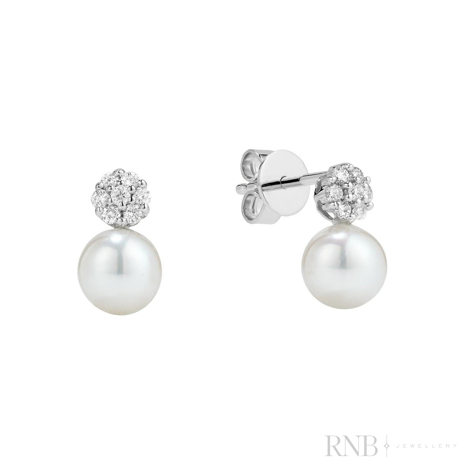 Cultured Pearl & Pave Round Diamond Stud Earrings-RNB Jewellery