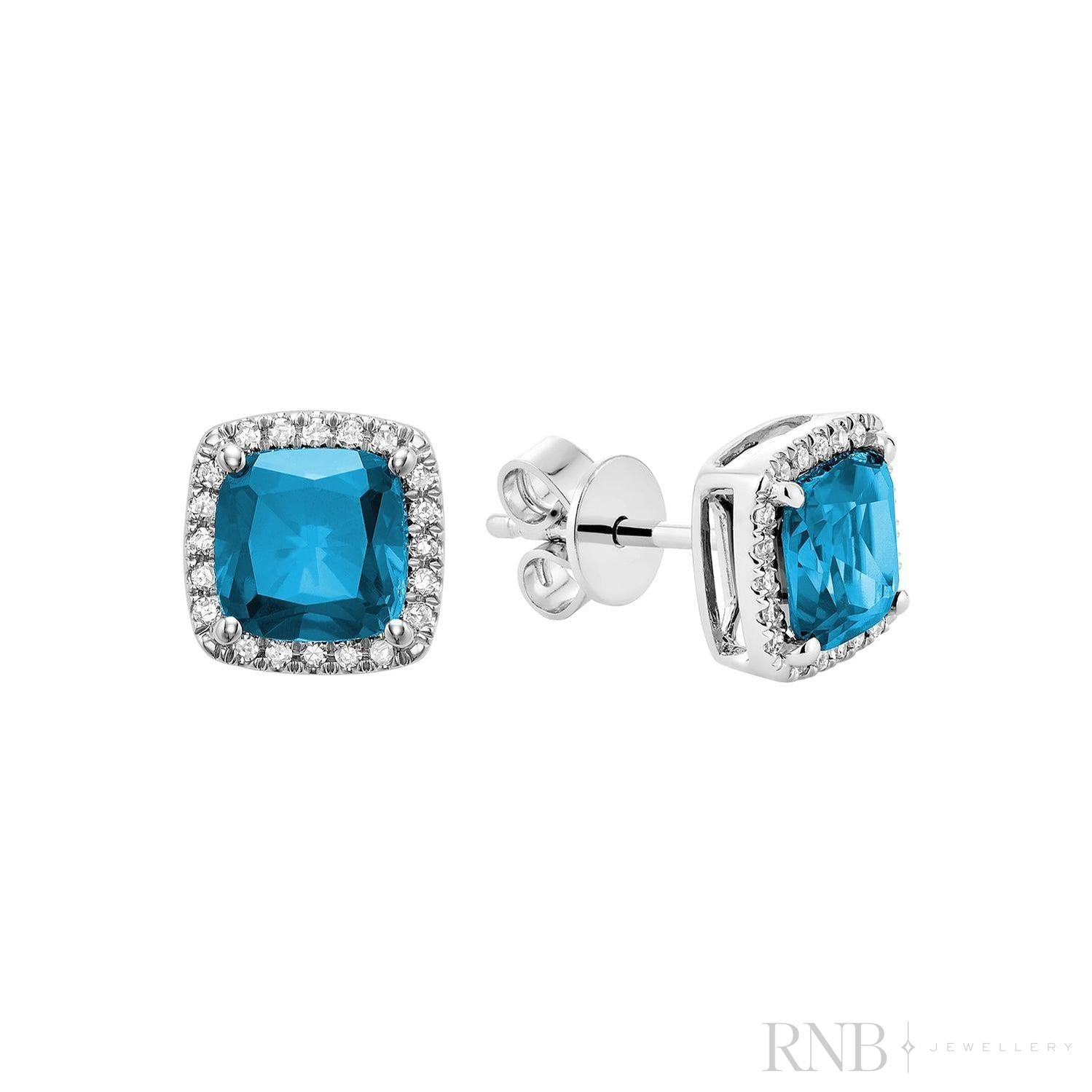 Cushion Colored Stone & Diamond Halo Stud Earrings-RNB Jewellery