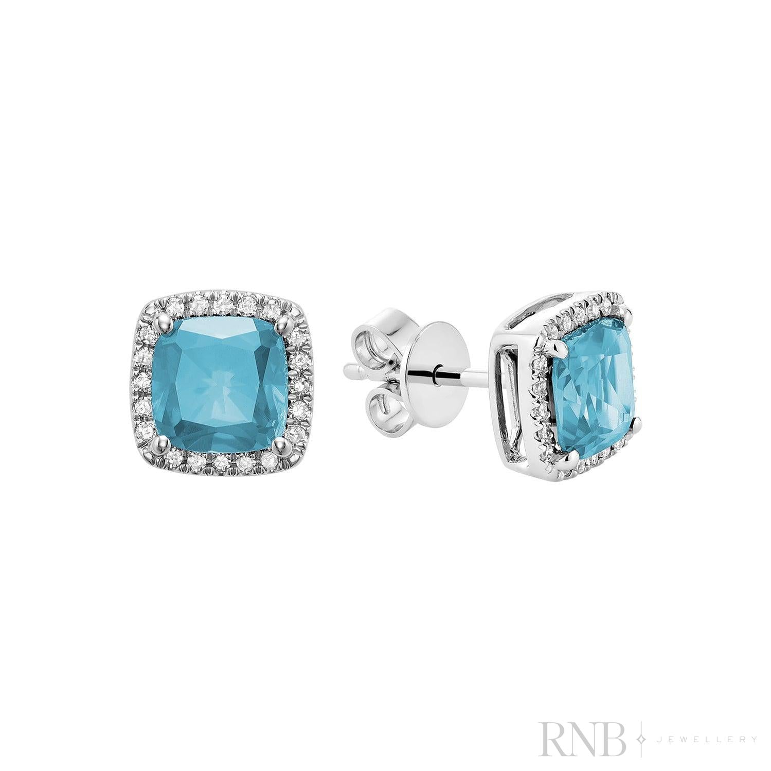 Cushion Colored Stone & Diamond Halo Stud Earrings-RNB Jewellery