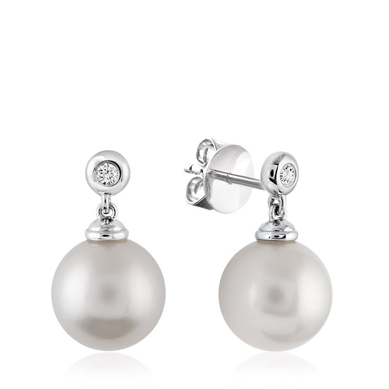 Cultured Pearl & Diamond Bezel Set Earrings - RNB Jewellery