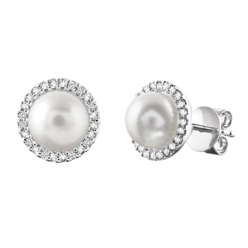 Cultured Pearl & Diamond Halo Stud Earrings - RNB Jewellery